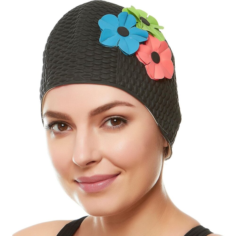 Beemo Latex Swimming Cap for Women Shield Hair from Damage- Black/PinkGreenWhite